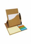 Bloco de anotação com post-it (50 folhas amarelas), marcadores coloridos (25 folhas) e caneta, material reciclado.