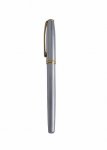 Caneta Roller de metal prata com detalhes dourado.