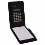 Calculadora com bloco de anotações de couro sintético preto com mini caneta de plástico. Calculadora com bloco de anotações de couro sintético preto com mini caneta de plástico.