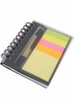 Bloco de anotações com post-it e mini caneta (reciclável), capa transparente.
