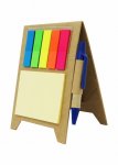 Bloco de anotação com post-it (50 folhas amarelas), marcadores coloridos (25 folhas) e caneta, material reciclado.