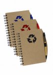  Bloco de anotações e caneta, material reciclado, folhas brancas pautadas.