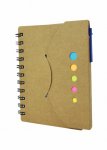 Bloco de anotações ecológico com post-its e caneta reciclável.