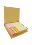 Bloquinhos de anotações ecológico com régua plástica de 12 cm, post-its coloridos e caneta reciclável.